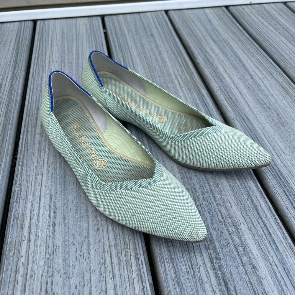 Rothy’s mint pointed toe ballet flat.